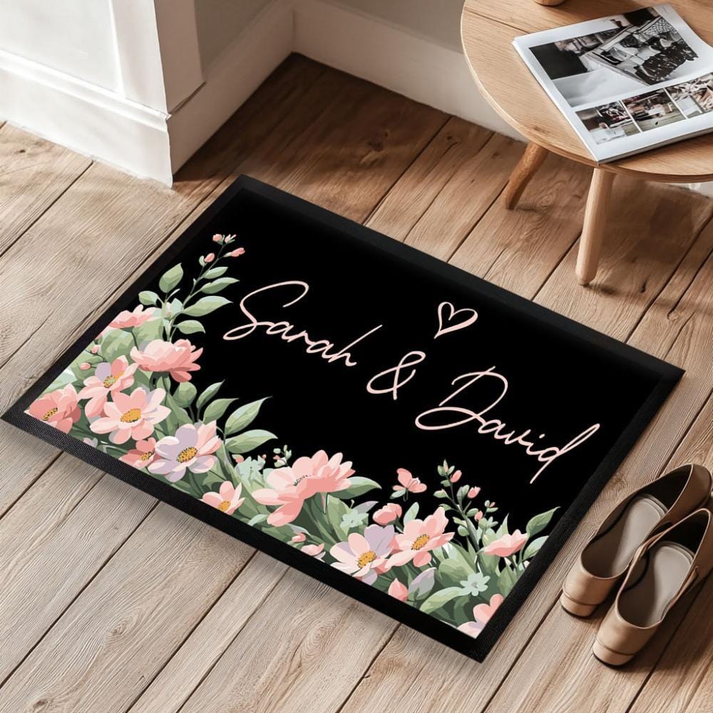 Custom Couple Names Doormat, Floral Wedding Anniversary Entry Rug