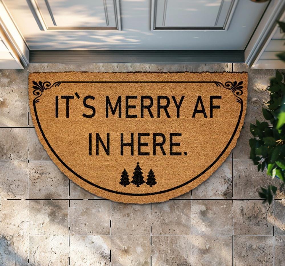 Merry AF Doormat, Funny Christmas Porch Decor, Festive Welcome Mat, Xmas Trees Rug