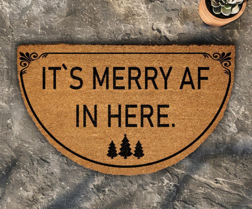 Merry AF Doormat, Funny Christmas Porch Decor, Festive Welcome Mat, Xmas Trees Rug