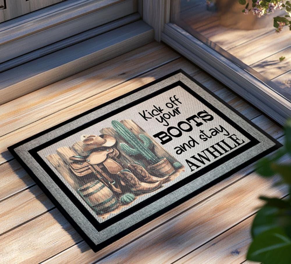 Kick Off Your Boots and Stay Awhile Doormat, Western Welcome Door Mat, Cowboy Boots Mat