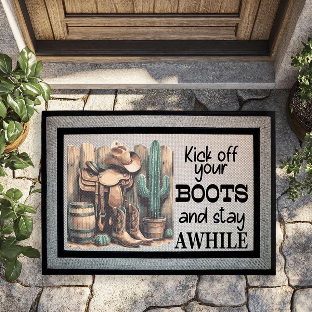 Kick Off Your Boots and Stay Awhile Doormat, Western Welcome Door Mat, Cowboy Boots Mat