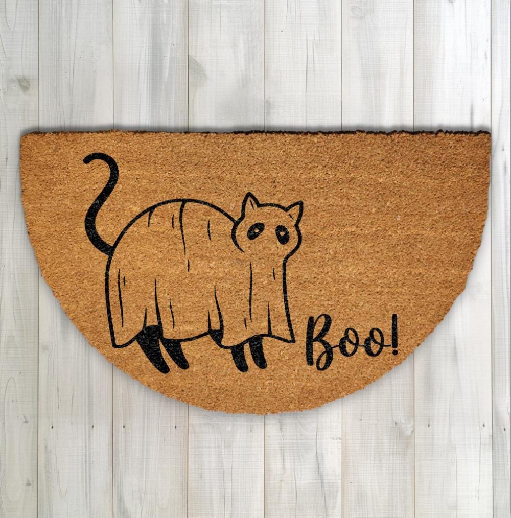 Funny Ghost Cat Doormat, Spooky Cat Front Porch Rug, Boo Kitty Welcome Mat