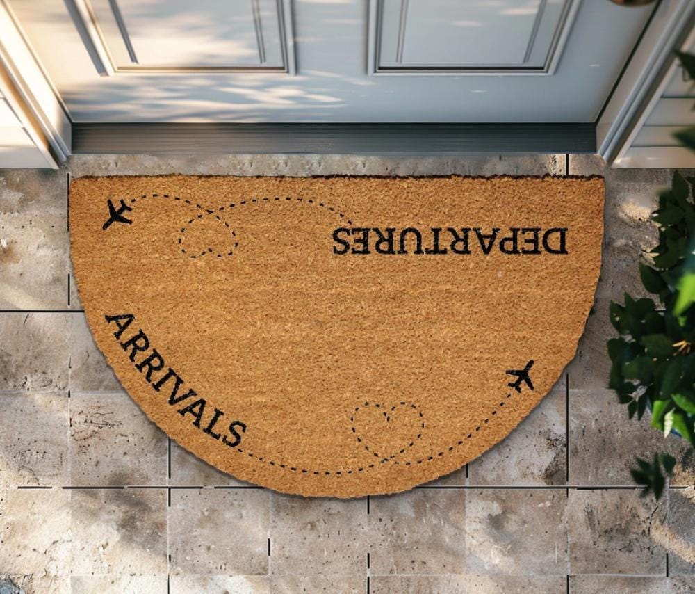 Arrivals & Departures Doormat, Funny Airplane Welcome Mat, Flight Attendant Home Decor