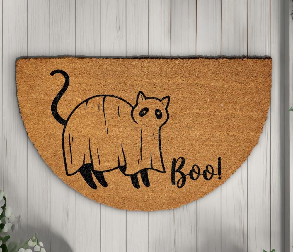 Funny Ghost Cat Doormat, Spooky Cat Front Porch Rug, Boo Kitty Welcome Mat