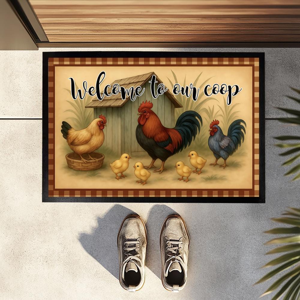 Welcome to Our Coop Doormat, Chicken Family Indoor-Outdoor Mat, Rustic Farmhouse Floor Mat