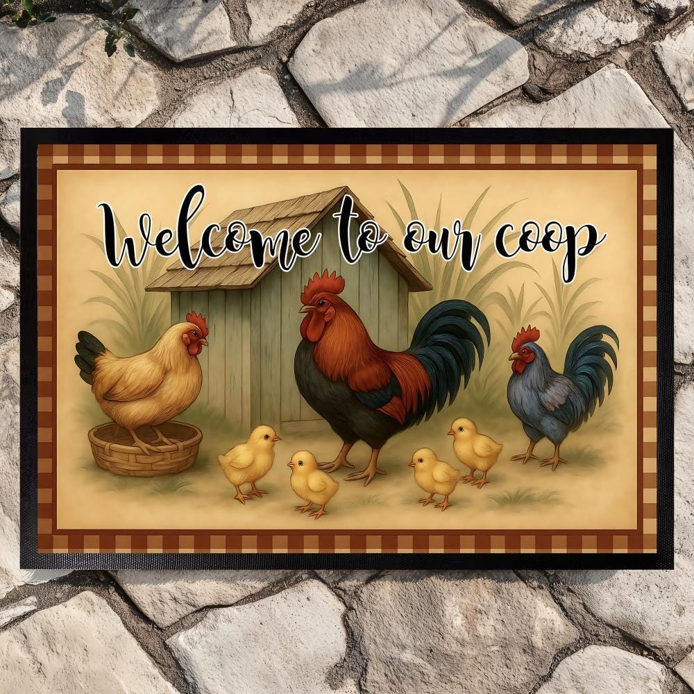 Welcome to Our Coop Doormat, Chicken Family Indoor-Outdoor Mat, Rustic Farmhouse Floor Mat