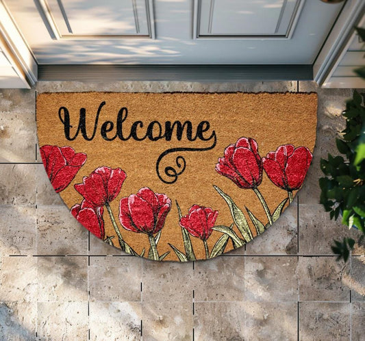 Red Tulips Doormat, Spring Front Porch Decor, Cottage Style Entrance Mat, Flowers Welcome Mat