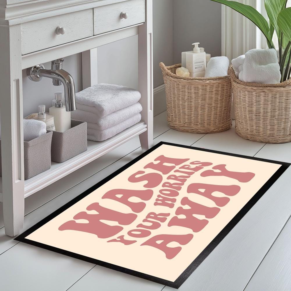Wash Your Worries Away Bathroom Mat, Funny Quote Bath Mat, Non-Slip Toilet Decor