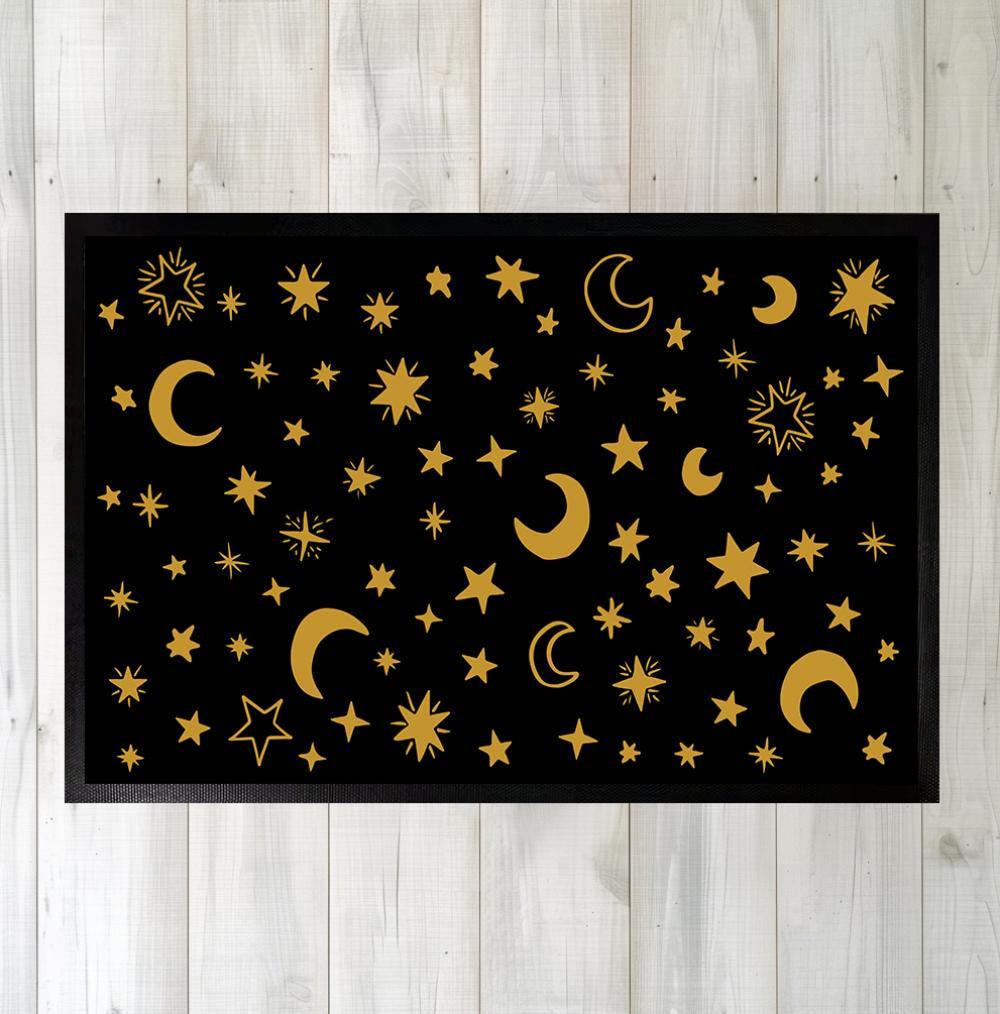 Moon and Star Pattern Doormat, Orange Galaxy Space Welcome Mat, Astrology Front Porch Decor