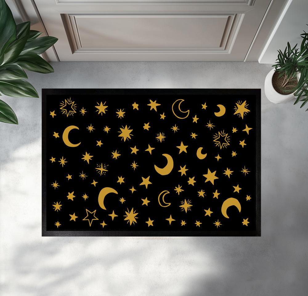 Moon and Star Pattern Doormat, Orange Galaxy Space Welcome Mat, Astrology Front Porch Decor