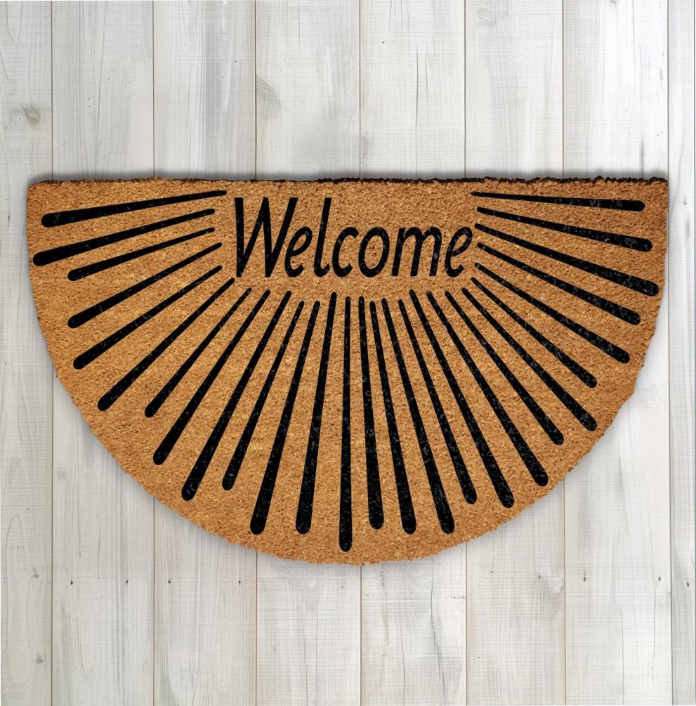 Semi Circle Welcome Doormat, Natural Coir Fiber Entryway Rug, Sunburst Design Home Decor