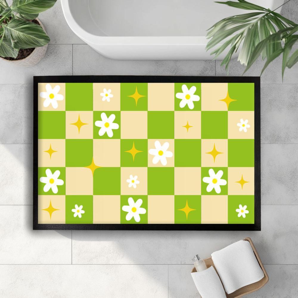 Groovy Flower Bath Mat, Retro Checkerboard Door Mat, 70s Style Floral Doormat