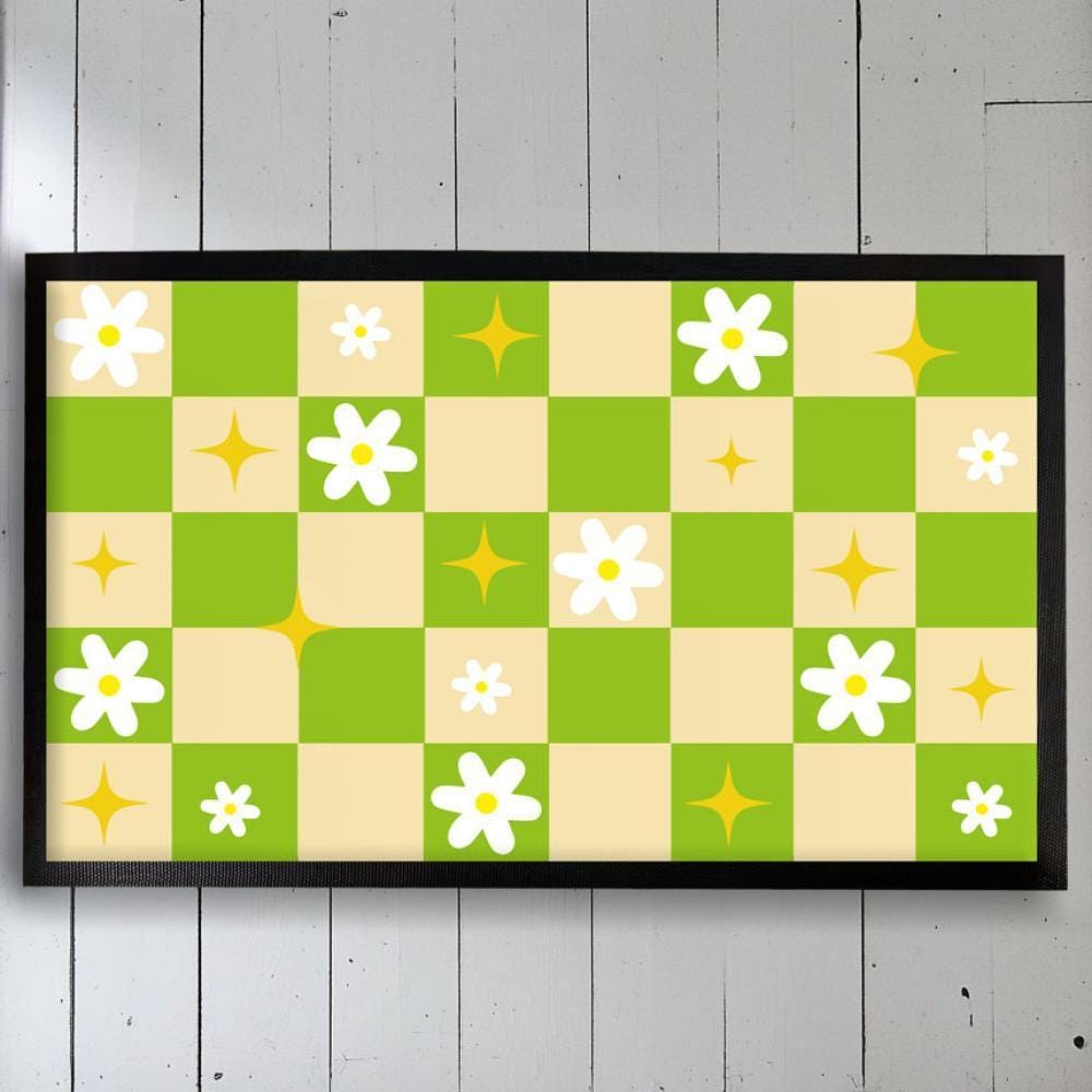 Groovy Flower Bath Mat, Retro Checkerboard Door Mat, 70s Style Floral Doormat