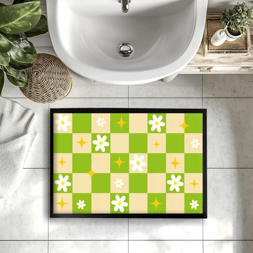 Groovy Flower Bath Mat, Retro Checkerboard Door Mat, 70s Style Floral Doormat