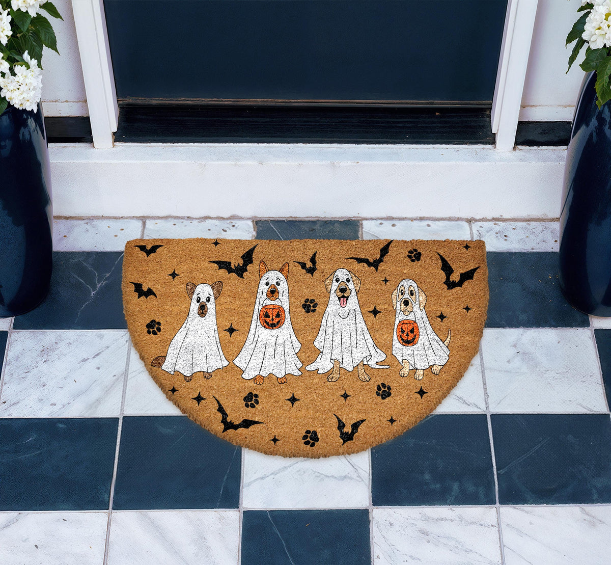 Ghost Dogs Doormat, Spooky Bats Welcome Mat, Dog Lover Gift, Cute Fall Porch Rug