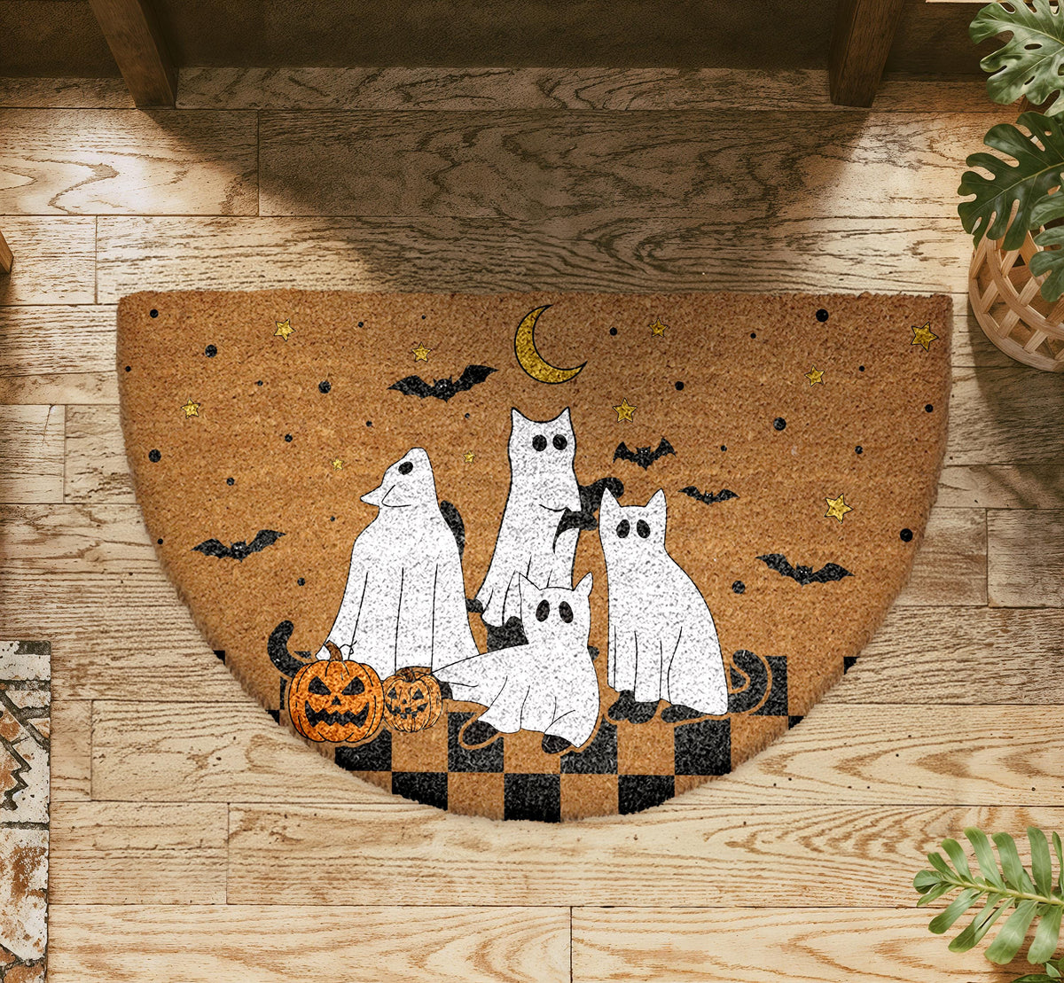 Spooky Cats & Pumpkins Doormat, Halloween Welcome Mat, Cute Ghost Fall Decor