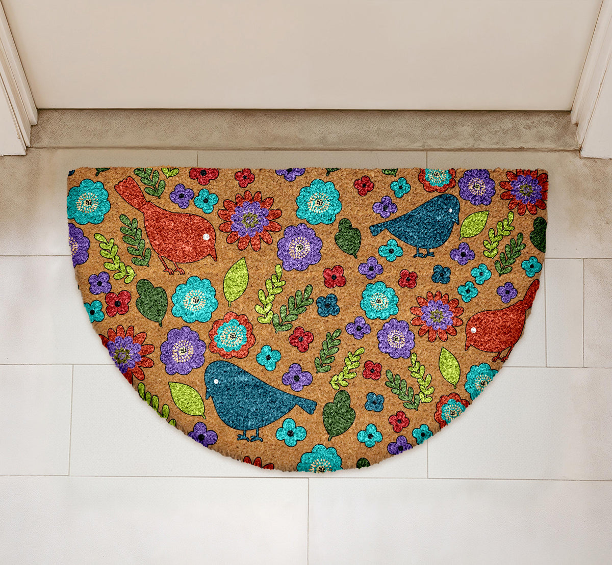 Birds & Flower Doormat, Folk Art Door Mat, Bohemian Floral Welcome Mat