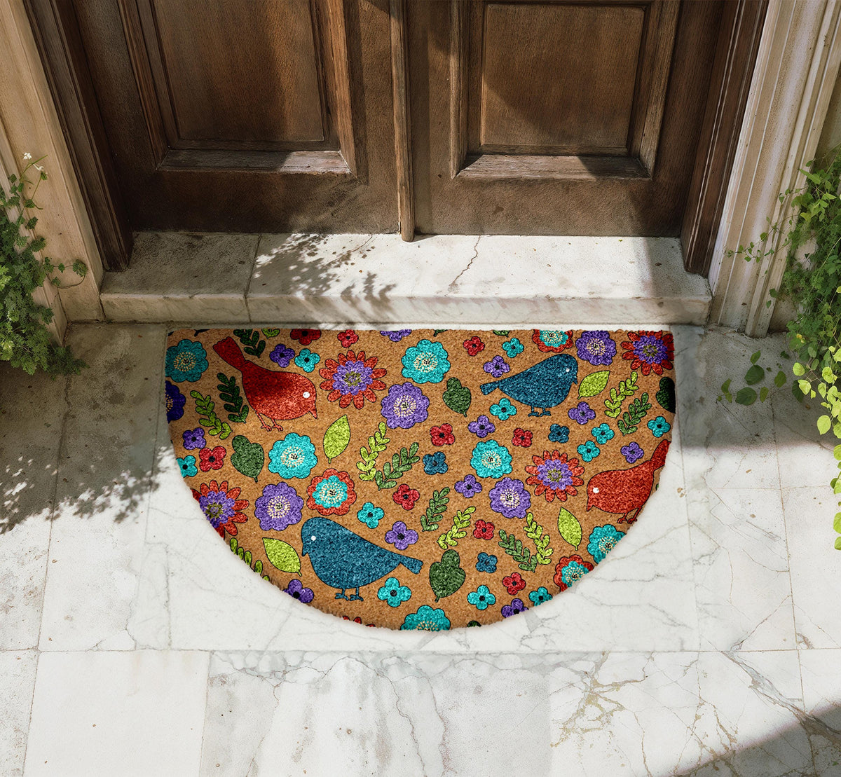 Birds & Flower Doormat, Folk Art Door Mat, Bohemian Floral Welcome Mat