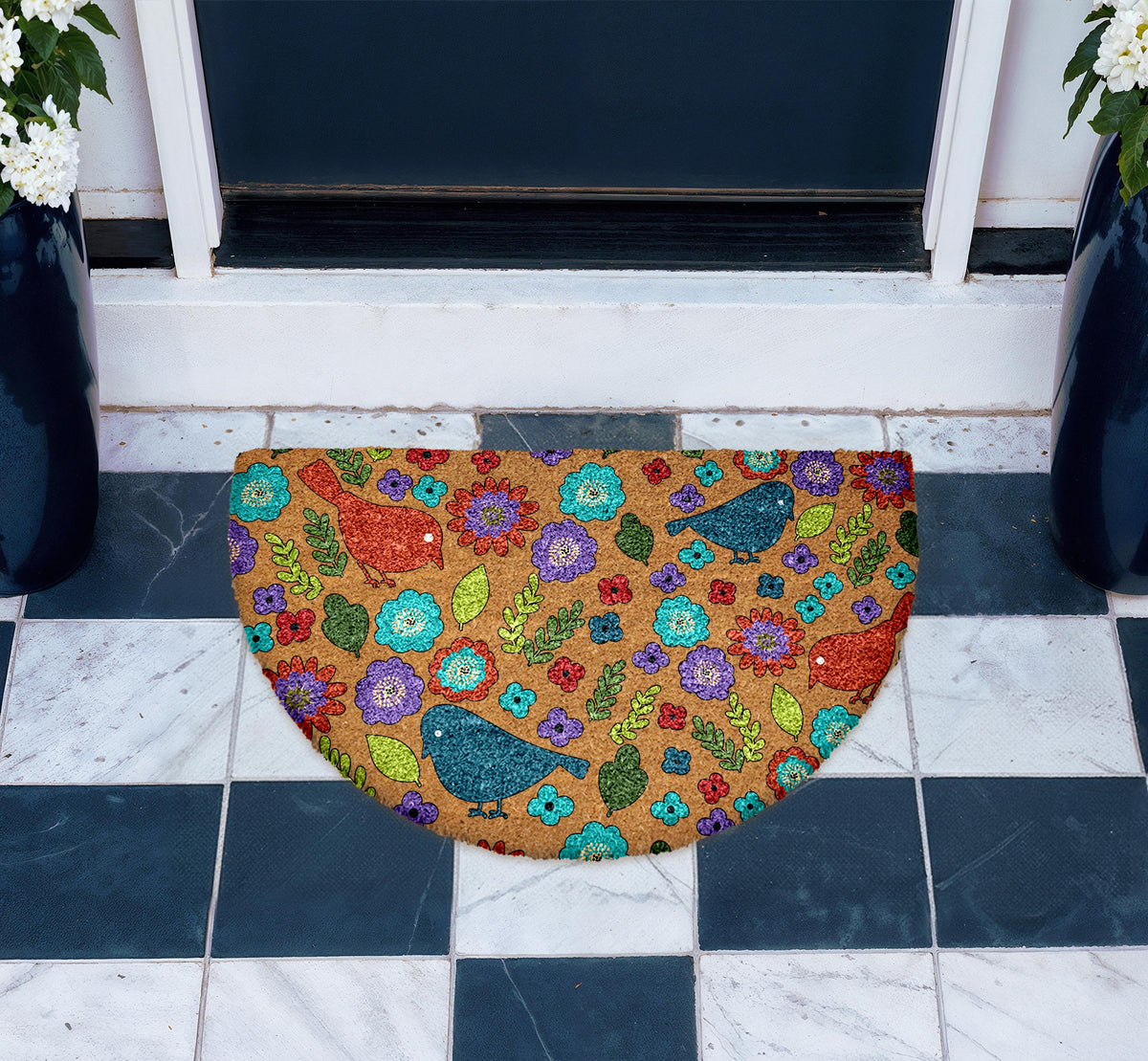 Birds & Flower Doormat, Folk Art Door Mat, Bohemian Floral Welcome Mat