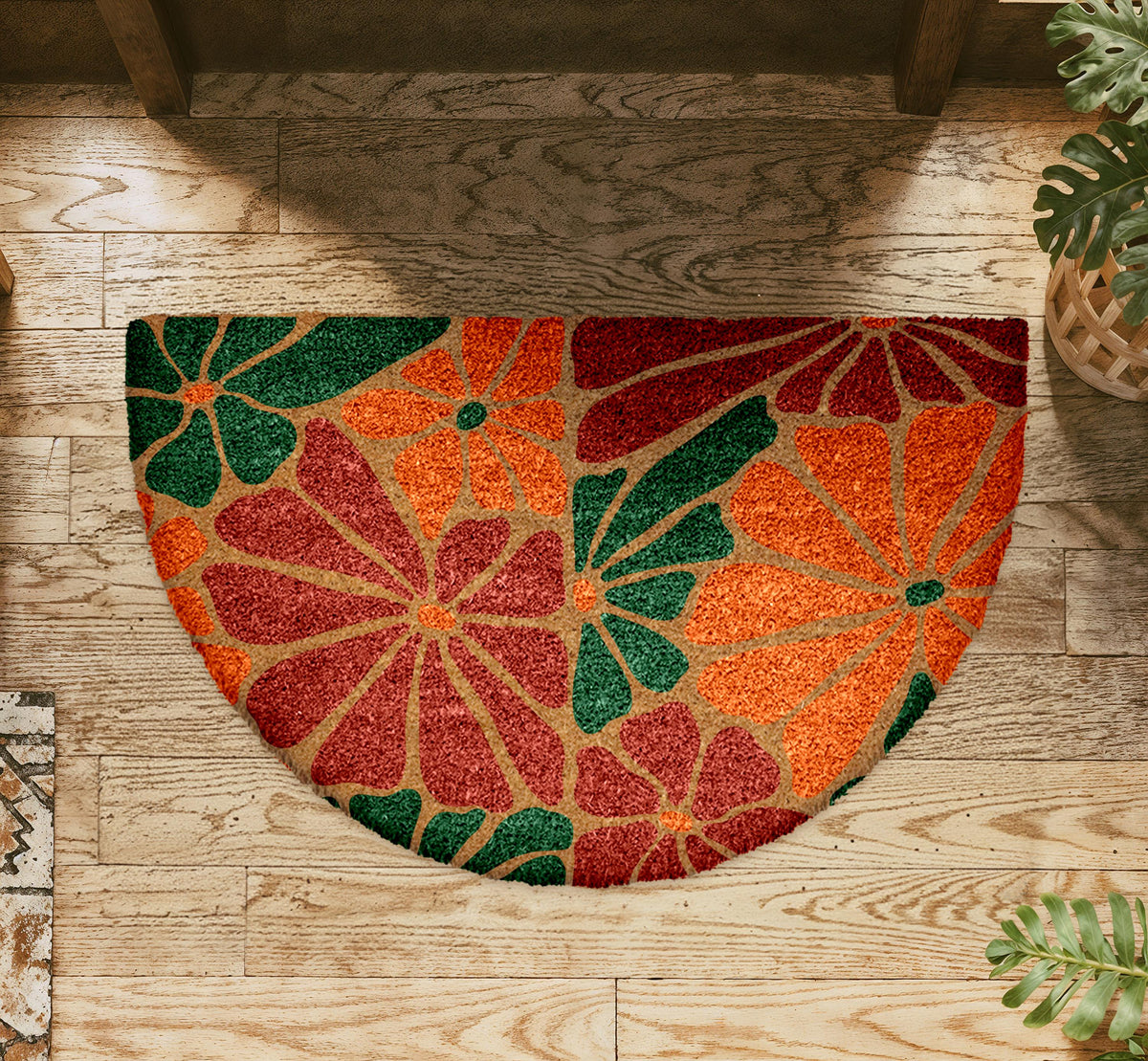 Bohemian Floral Welcome Mat, Vibrant Flower Doormat, Artistic Home Decor