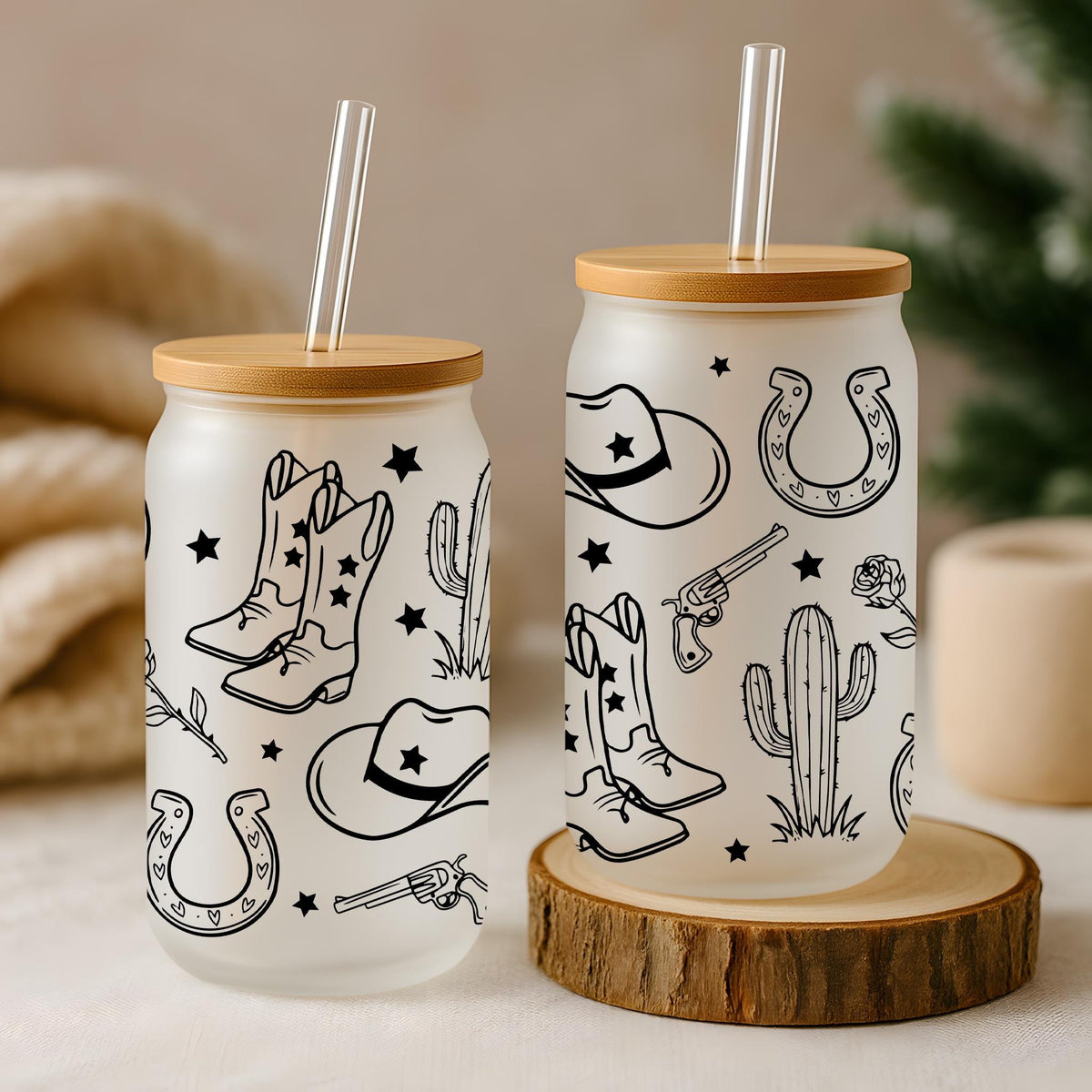 Cowgirl Design Can Glass Tumbler, Vintage Cowboy Boots & Hat Iced Coffee Cup