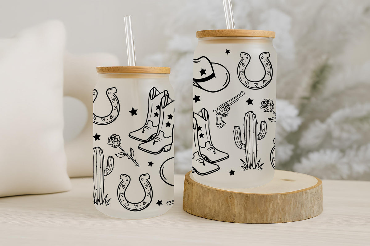 Cowgirl Design Can Glass Tumbler, Vintage Cowboy Boots & Hat Iced Coffee Cup