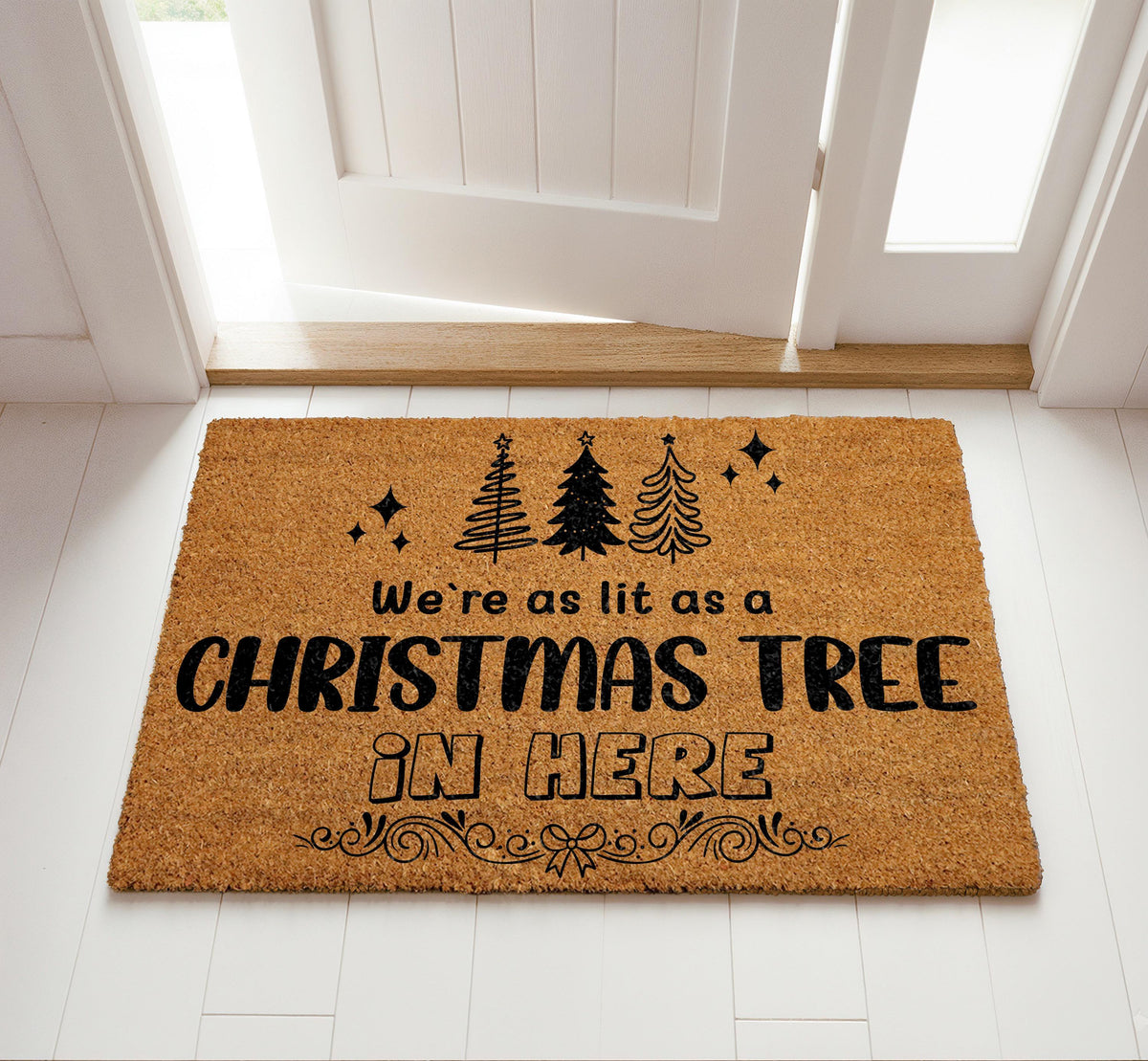 We're as Lit as a Christmas Tree in Here Doormat, Funny Holiday Welcome Mat