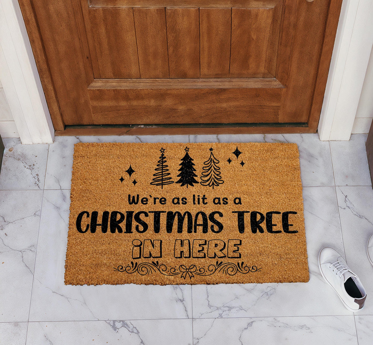 We're as Lit as a Christmas Tree in Here Doormat, Funny Holiday Welcome Mat