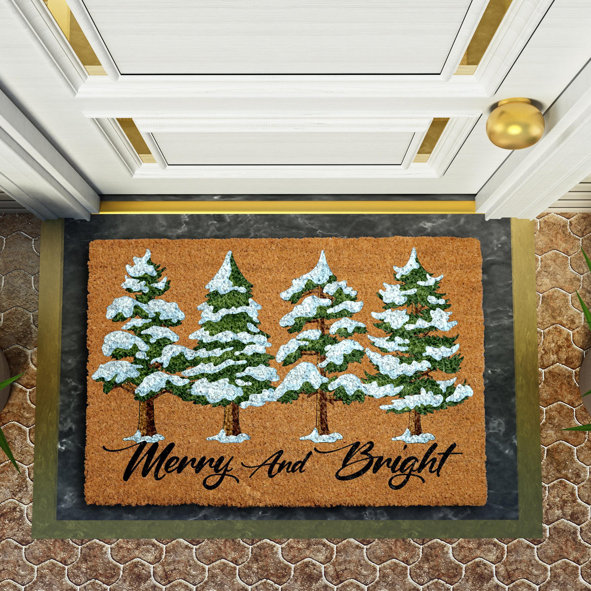 Merry and Bright Doormat, Snowy Pine Tree Welcome Mat, Cute Christmas Home Entrance Rug