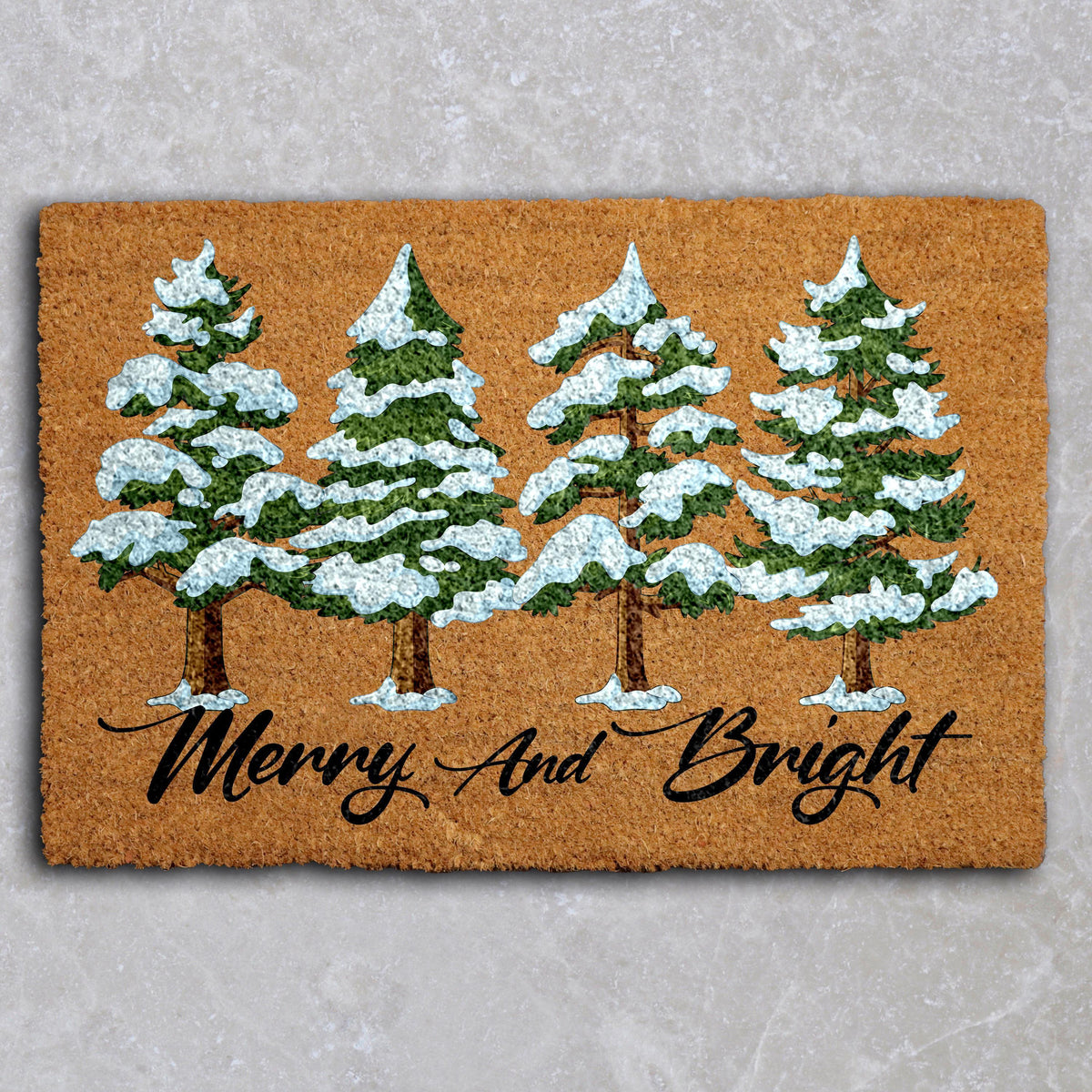 Merry and Bright Doormat, Snowy Pine Tree Welcome Mat, Cute Christmas Home Entrance Rug