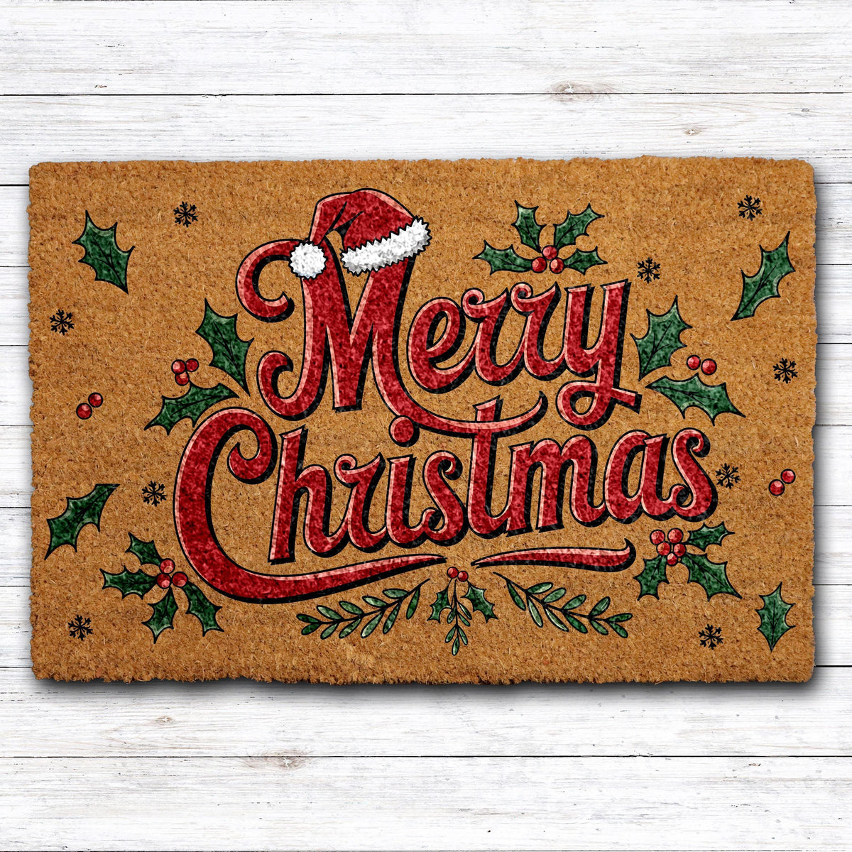 Merry Christmas Doormat, Santa Hat and Holly Berries Welcome Mat