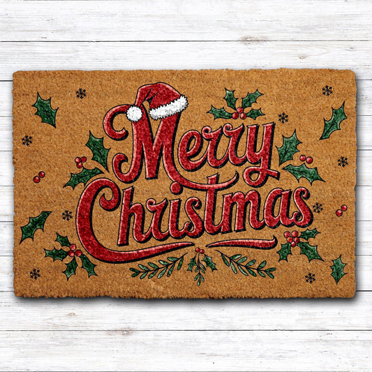 Merry Christmas Doormat, Santa Hat and Holly Berries Welcome Mat