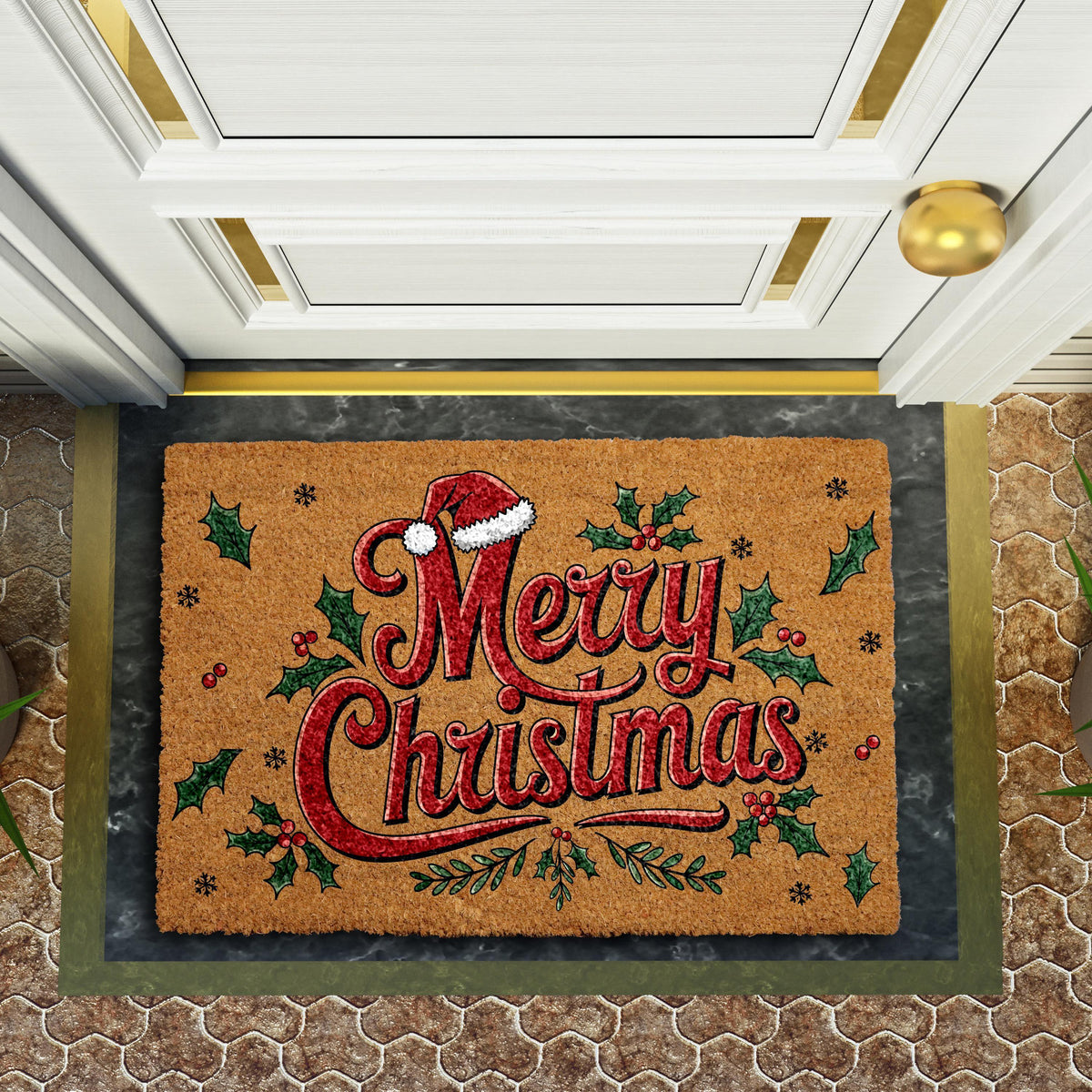 Merry Christmas Doormat, Santa Hat and Holly Berries Welcome Mat