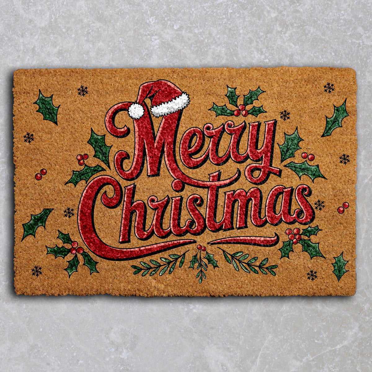 Merry Christmas Doormat, Santa Hat and Holly Berries Welcome Mat