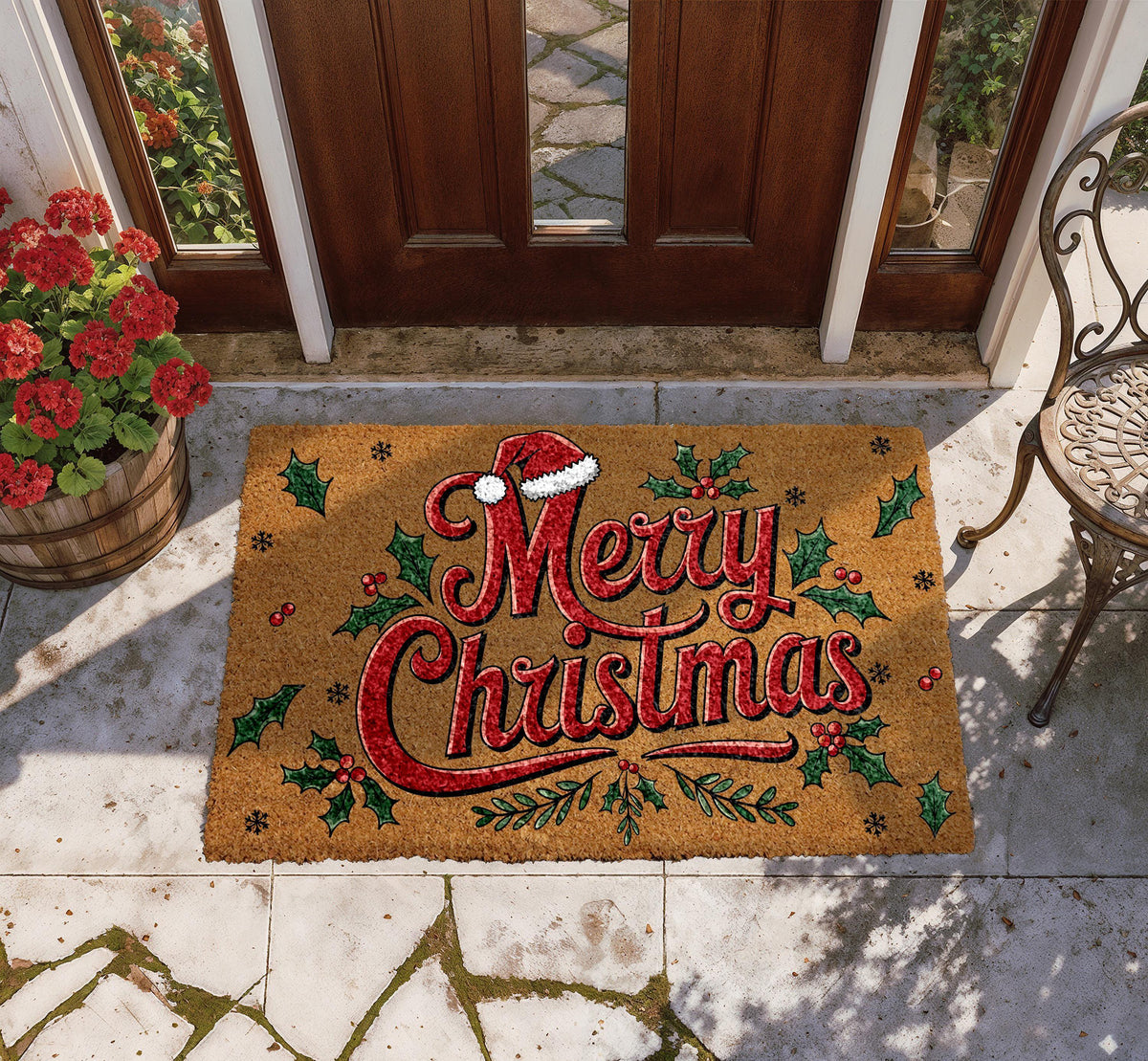 Merry Christmas Doormat, Santa Hat and Holly Berries Welcome Mat