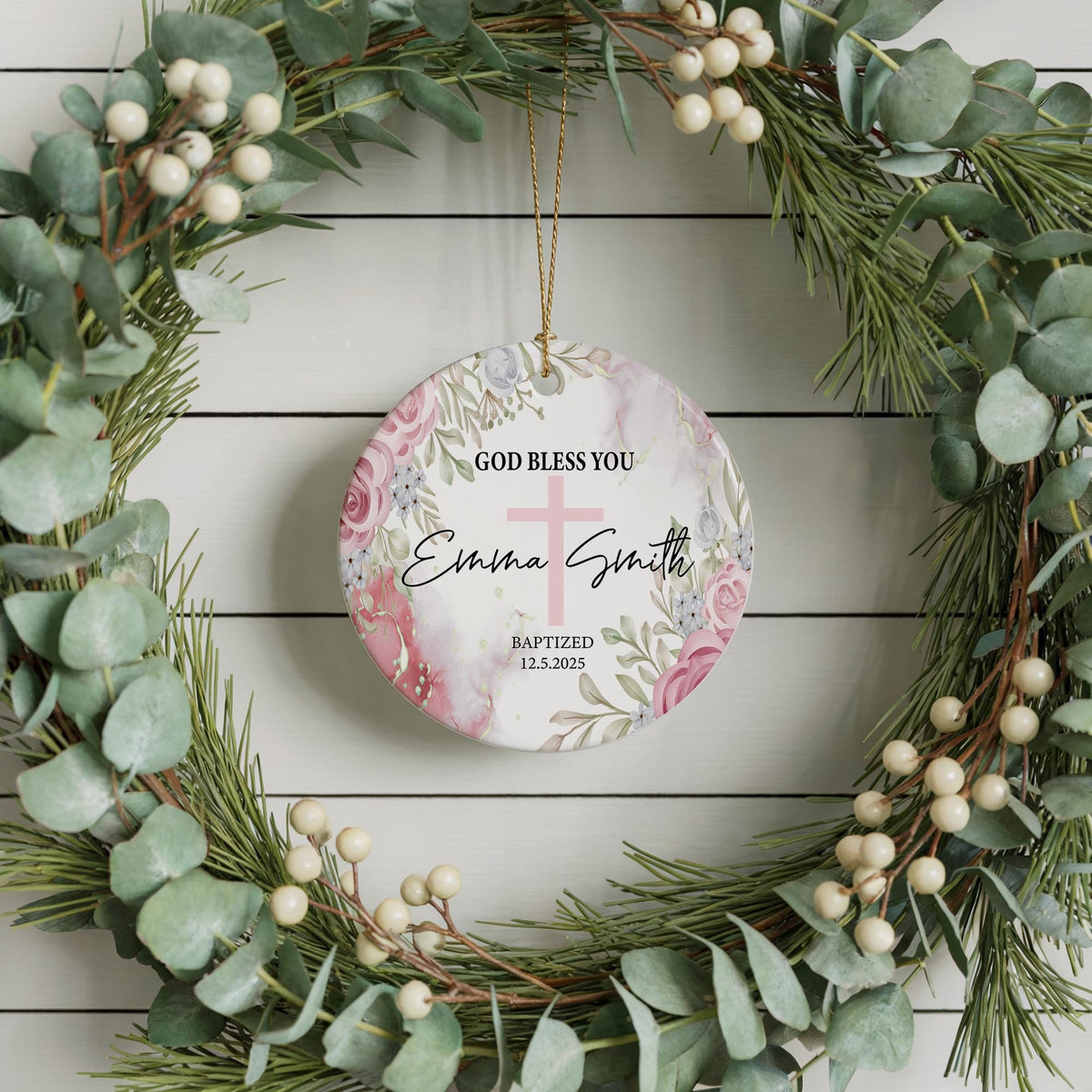 Customizable Baptism Ceramic Ornament, Floral God Bless Christening Keepsake
