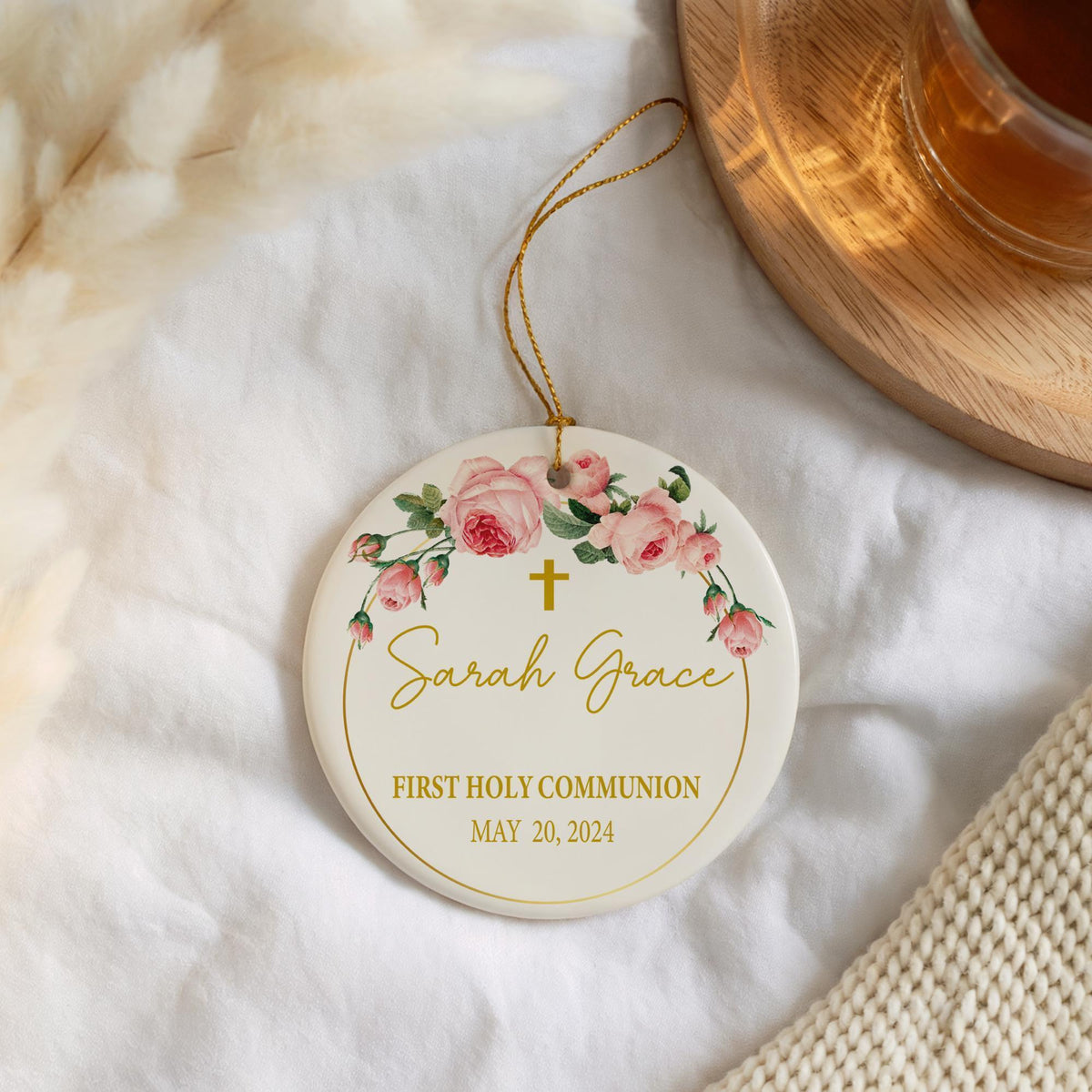 Personalized First Holy Communion Ornament, Cute Pink Floral Baby Girl Baptism Gift