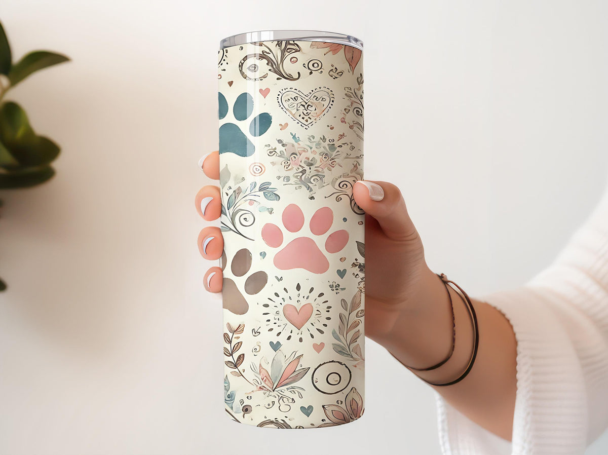 Vintage Design Dog Paw Stainless Steel Tumbler, Retro Dog Lovers Gift Tumbler With Straw