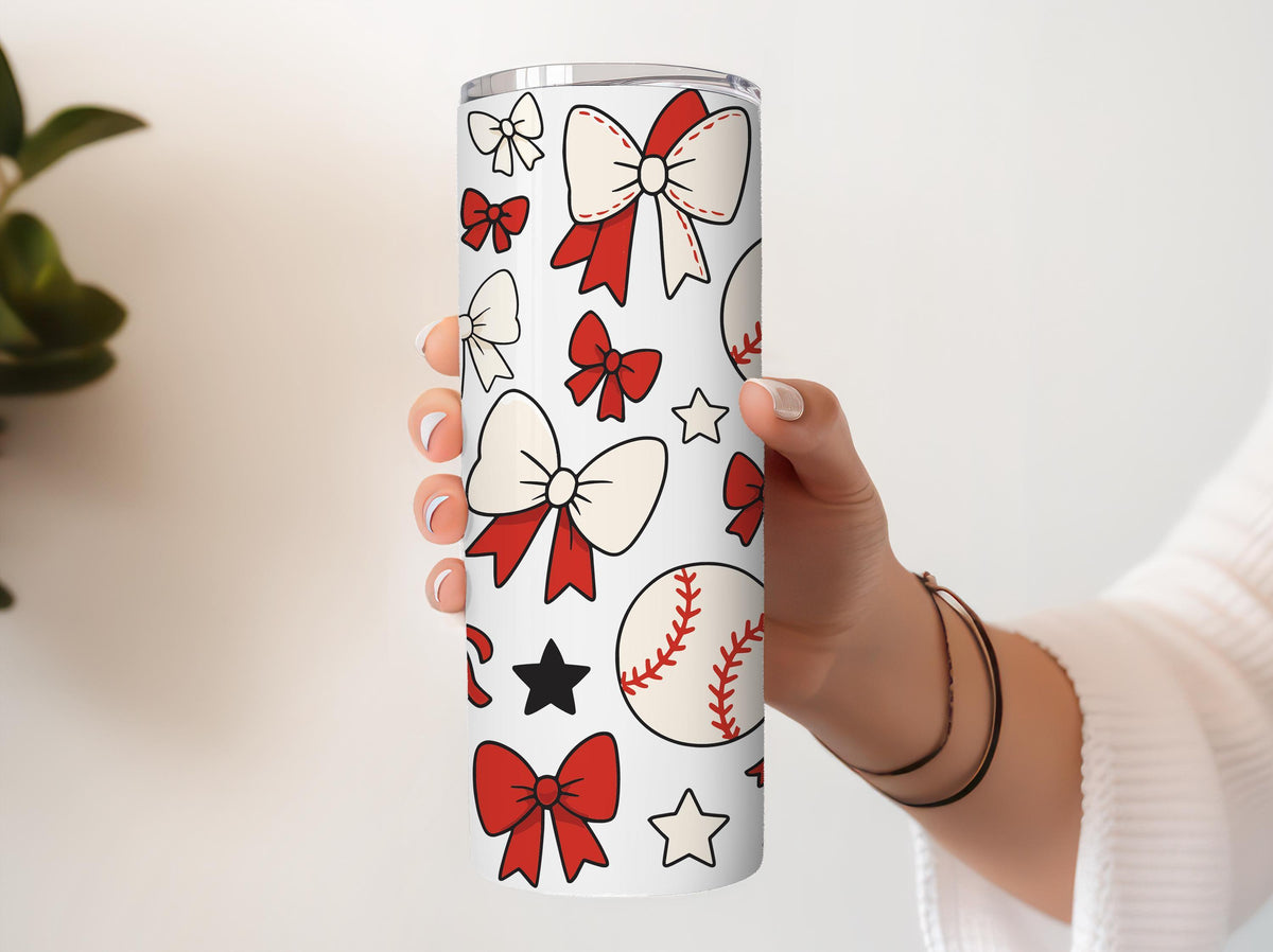 Baseball Theme Stainless Steel Tumbler, Baseball Mom Coquette Bow Insulated Tumbler