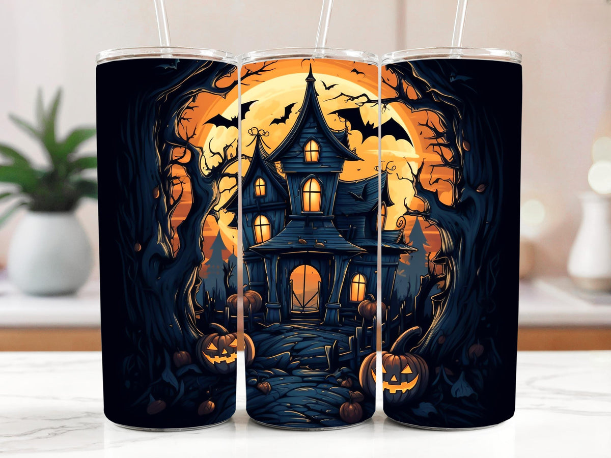 Vibrant Colors Haunted House Tumbler With Straw