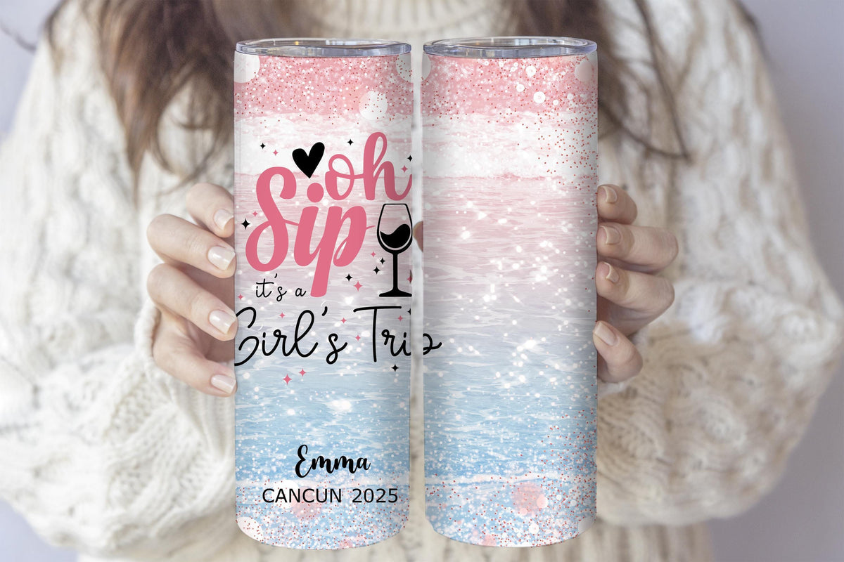 Personalized Beach Themed Insulated Tumblers, Summer Vacation Girls Matching Tumbler With Straw