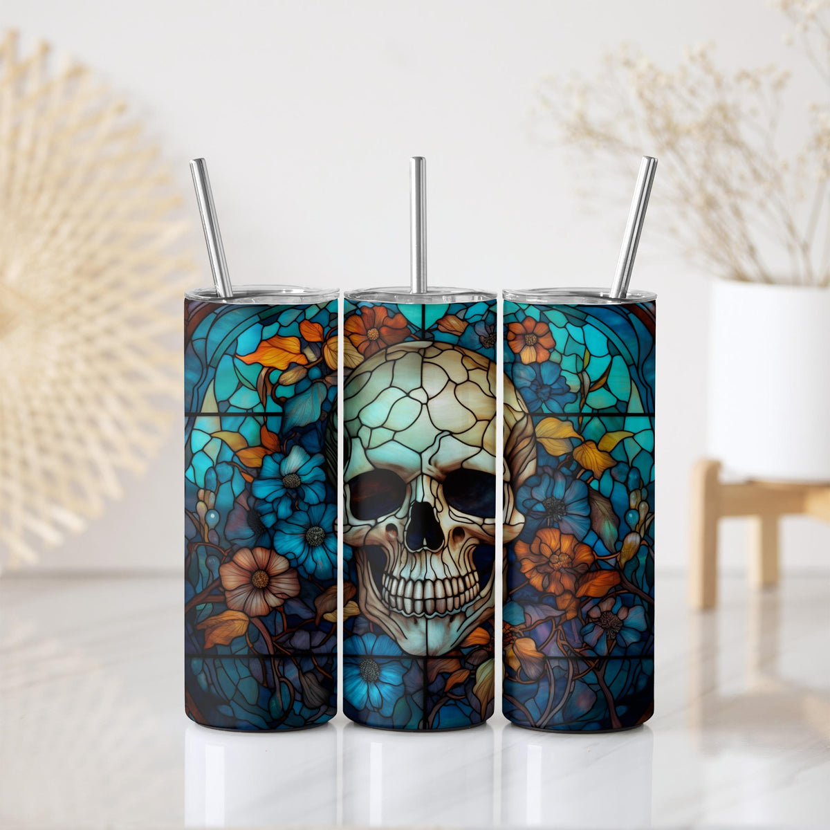 Customizable Stained Glass Skull Insulated Tumbler, Colorful Matching Halloween Tumblers