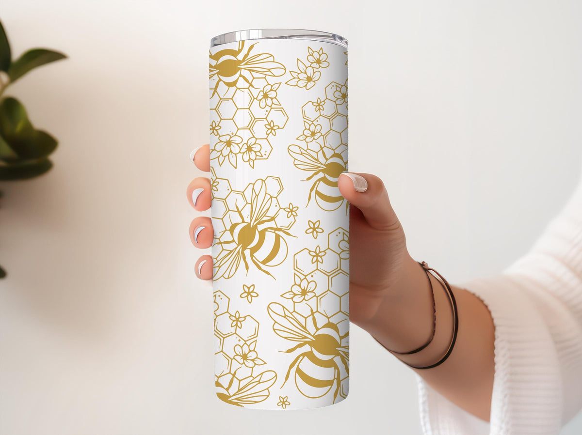 Honey Bee Themed Stainless Steel Tumbler, Honeycomb Pattern Insulated Tumbler