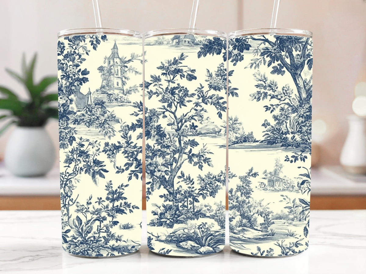 French Country Toile Insulated Tumbler, Vintage Toile De Jouy Print Stainless Steel Tumbler