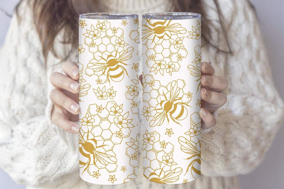 Honey Bee Themed Stainless Steel Tumbler, Honeycomb Pattern Insulated Tumbler