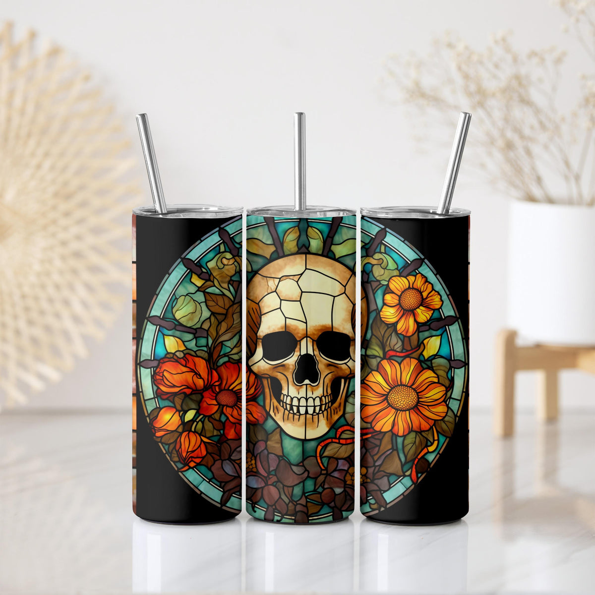 Customizable Stained Glass Skull Insulated Tumbler, Colorful Matching Halloween Tumblers