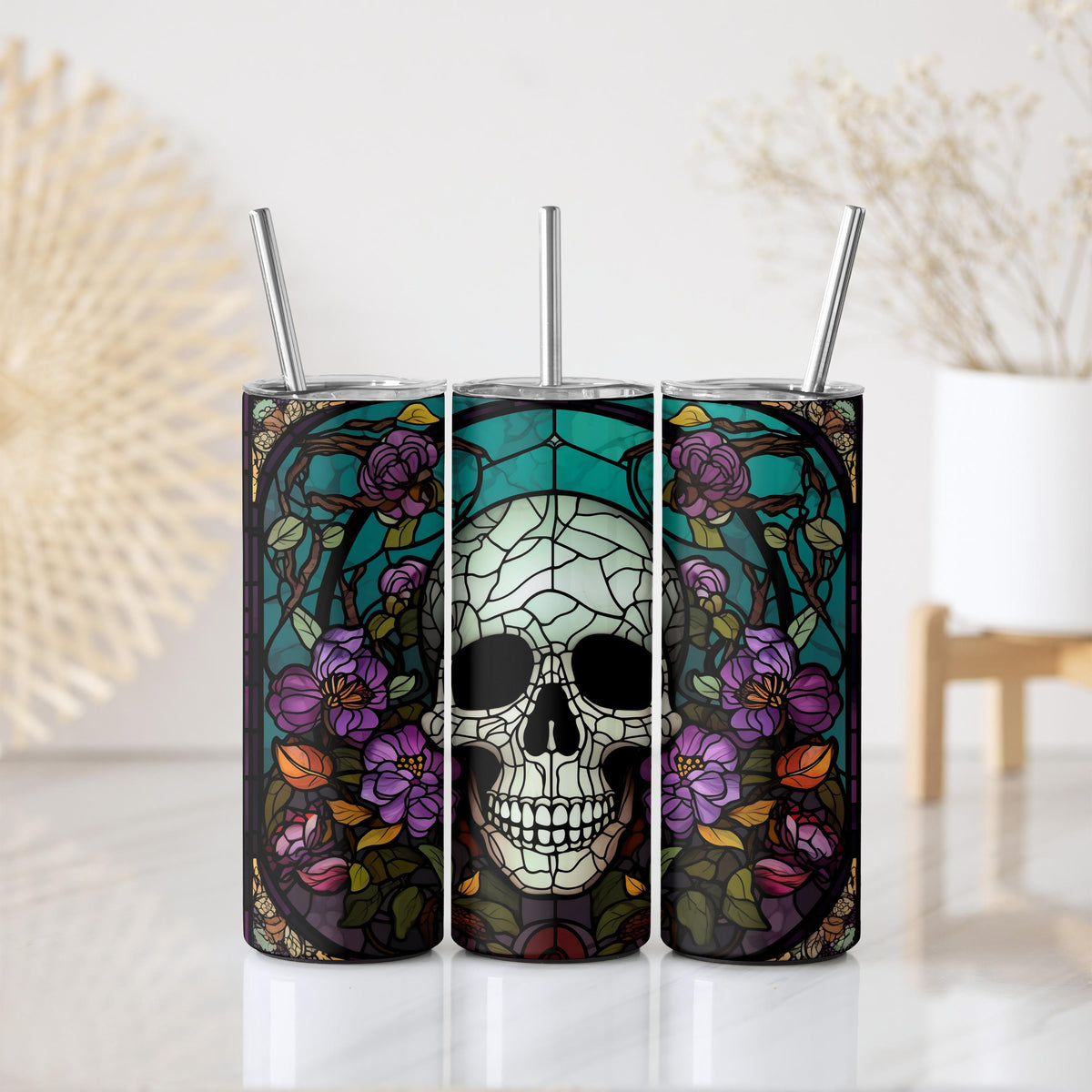 Customizable Stained Glass Skull Insulated Tumbler, Colorful Matching Halloween Tumblers