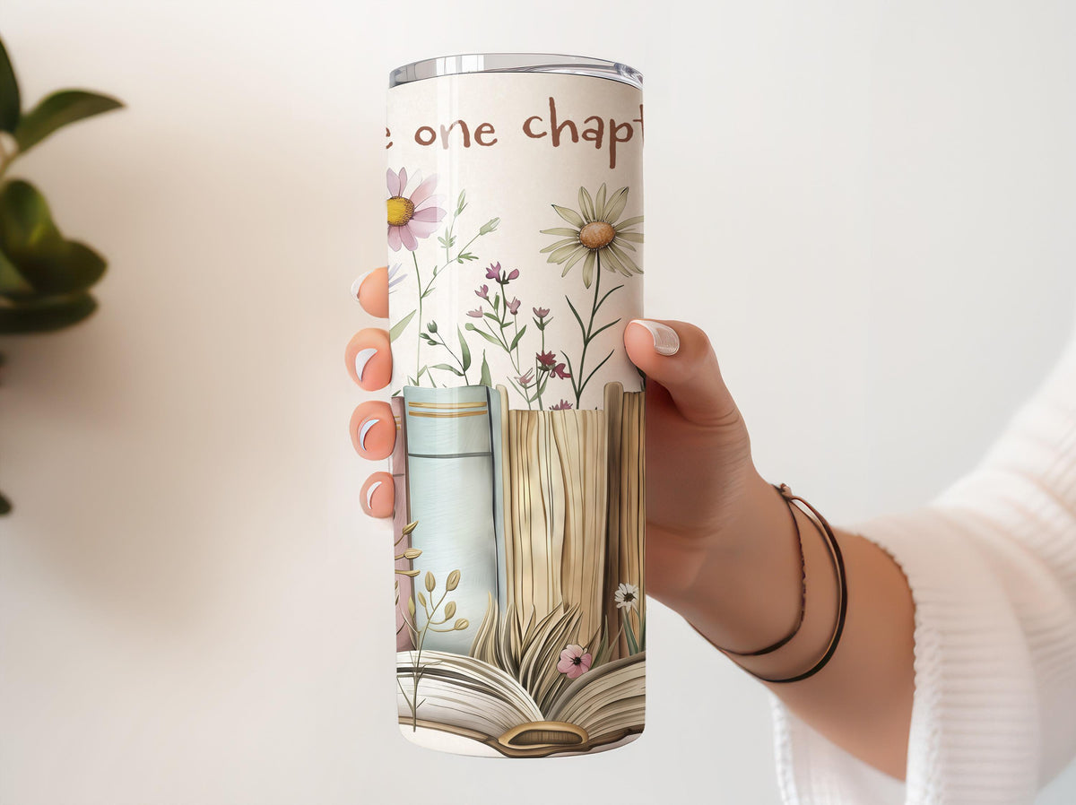 Living Life One Chapter At A Time Tumbler With Straw, Floral Bookshelf Theme Insulated Tumbler