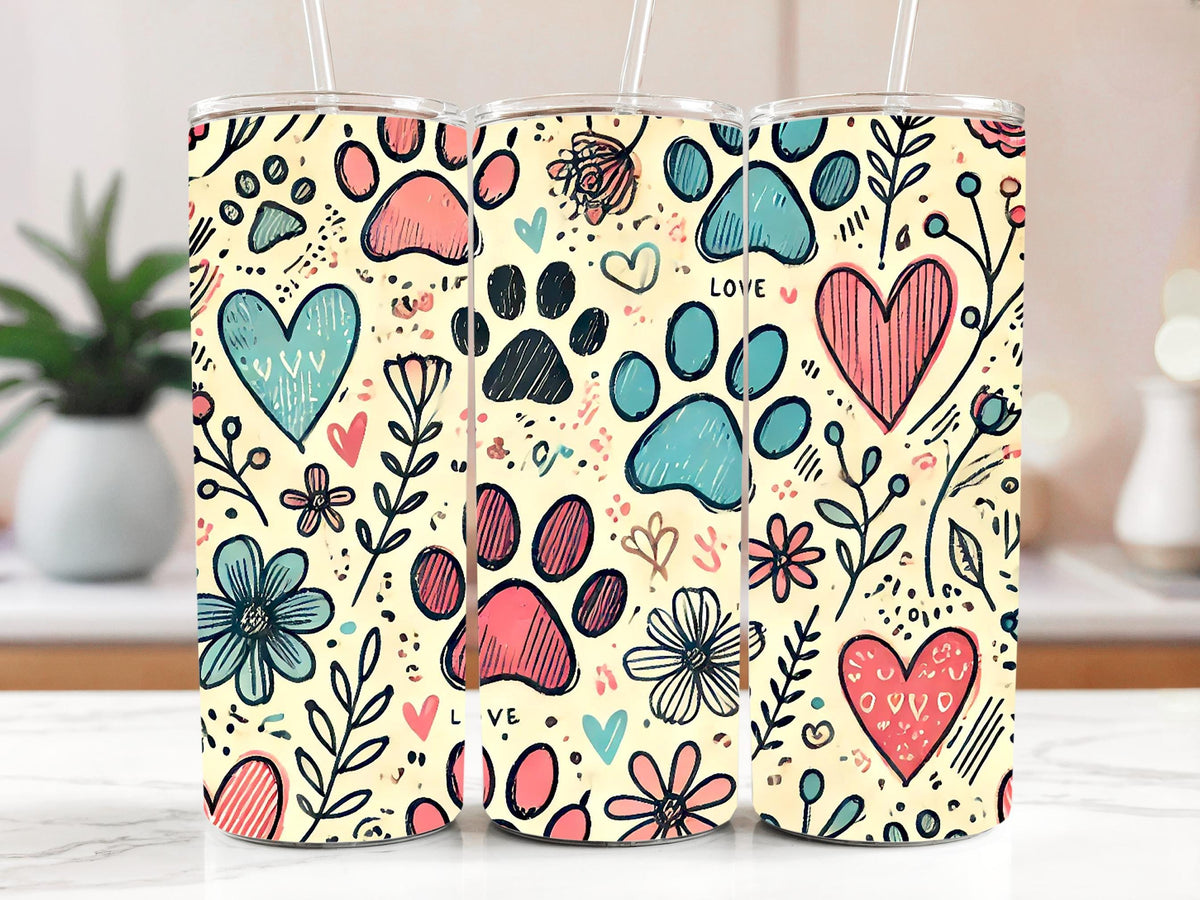 Cute Paw Print Tumbler With Straw, Hand Drawn Paw And Heart Design Insulated Tumbler