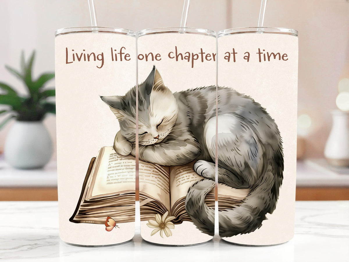 Book Enthusiast Stainless Steel Tumbler, Cat Sleeping On Book Design Insulated Tumbler